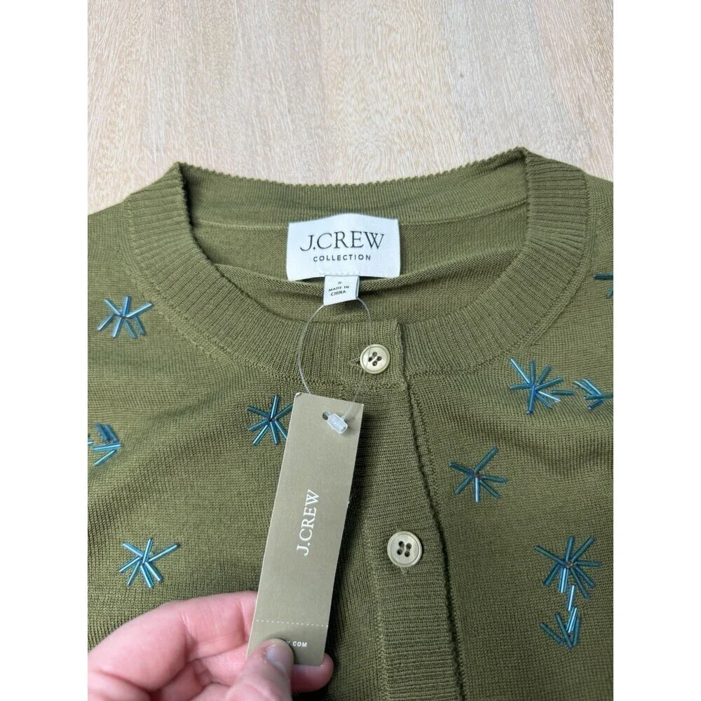 J Crew Collection NWT Crewneck Cardigan in Merino Wool Olive Embellished Small